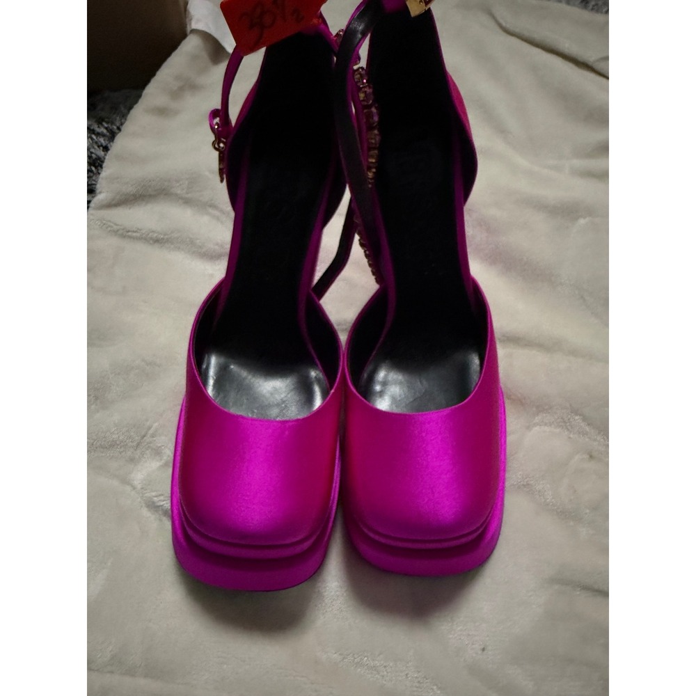 Versace Medusa Chain Platform Heels Pink Satin Crystal Embellished‎ Square Toe